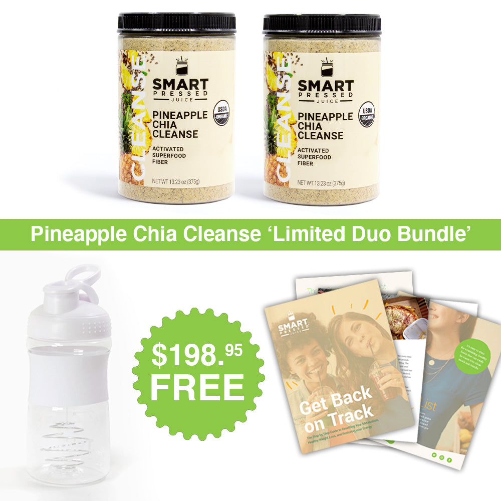 2 jars of 375 grams Pineapple Chia Cleanse. In the middle of the image is a text that says, "Limited Dou Bundle". Lower part of the image has a white water jug, a text that says $ 198.95 Free, and some magazines side by side against a white background.