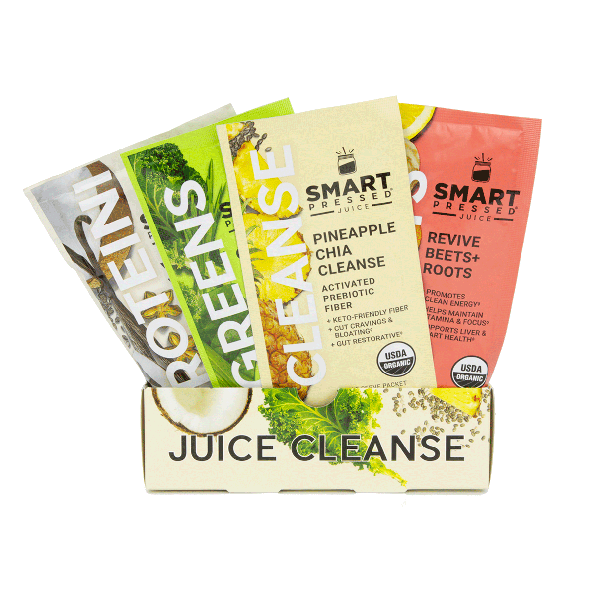 4 single serving sachets of Vegan Vanilla Proteini, Organic Pressed Greens, Pineapple Chia Cleanse, and Revive Beet+Roots side by side in a Juice Cleanse box against a white background.